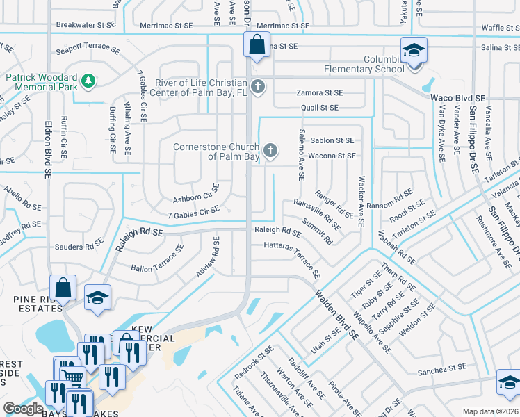 map of restaurants, bars, coffee shops, grocery stores, and more near 1475 Damon Road Southeast in Palm Bay