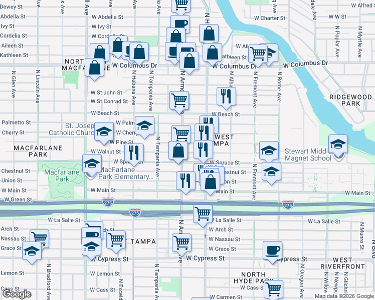 map of restaurants, bars, coffee shops, grocery stores, and more near 2012 North Armenia Avenue in Tampa