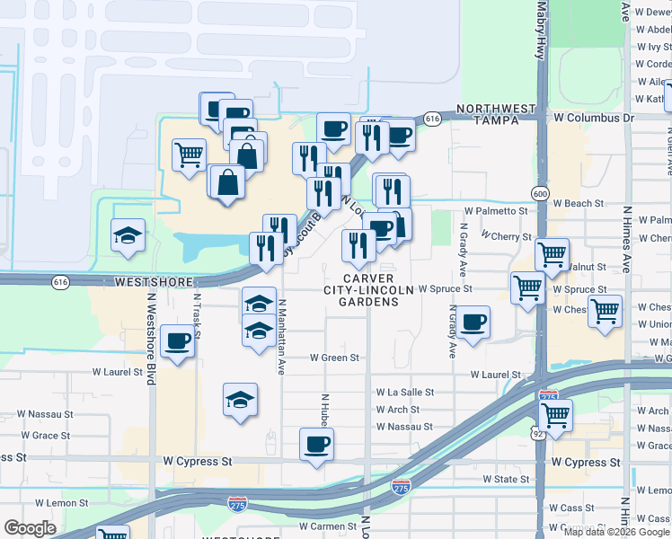 map of restaurants, bars, coffee shops, grocery stores, and more near 4221 West Spruce Street in Tampa