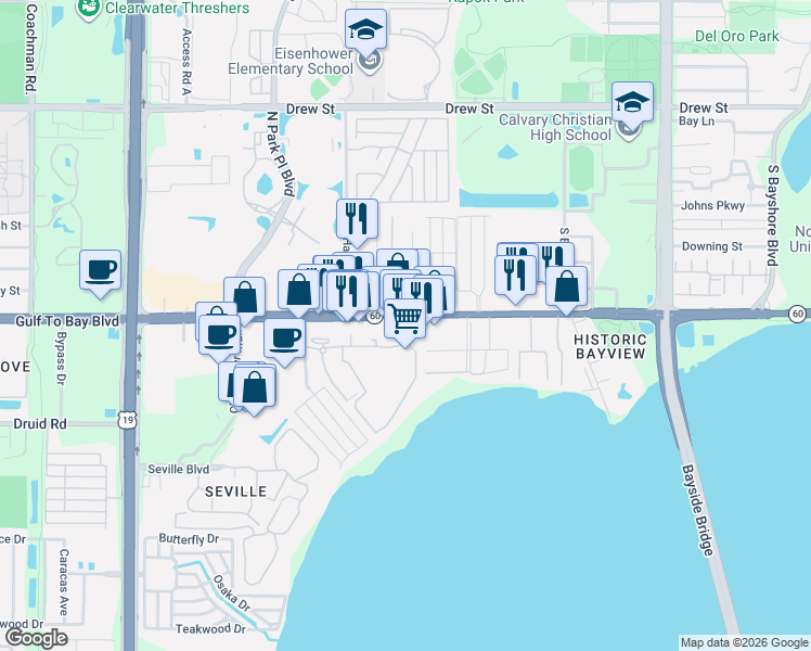 map of restaurants, bars, coffee shops, grocery stores, and more near 2849 Gulf to Bay Boulevard in Clearwater