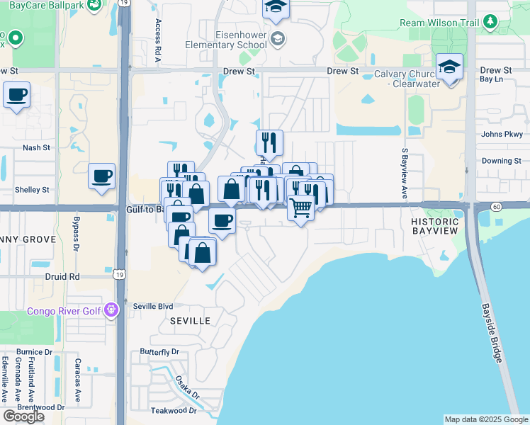 map of restaurants, bars, coffee shops, grocery stores, and more near 2781 Gulf to Bay Boulevard in Clearwater
