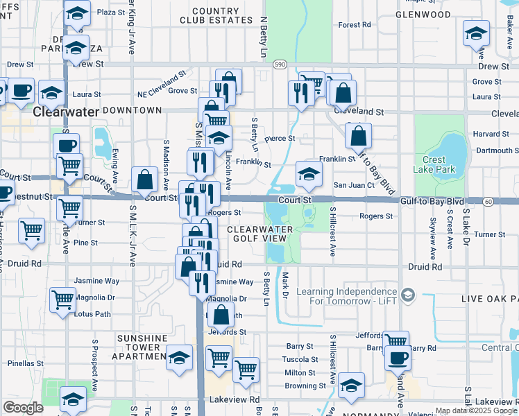 map of restaurants, bars, coffee shops, grocery stores, and more near 514 South Betty Lane in Clearwater