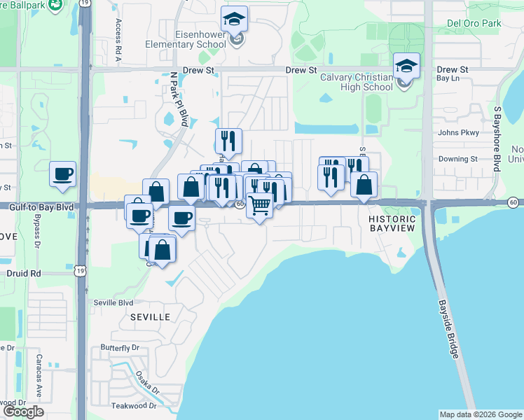map of restaurants, bars, coffee shops, grocery stores, and more near 2857 Gulf to Bay Boulevard in Clearwater