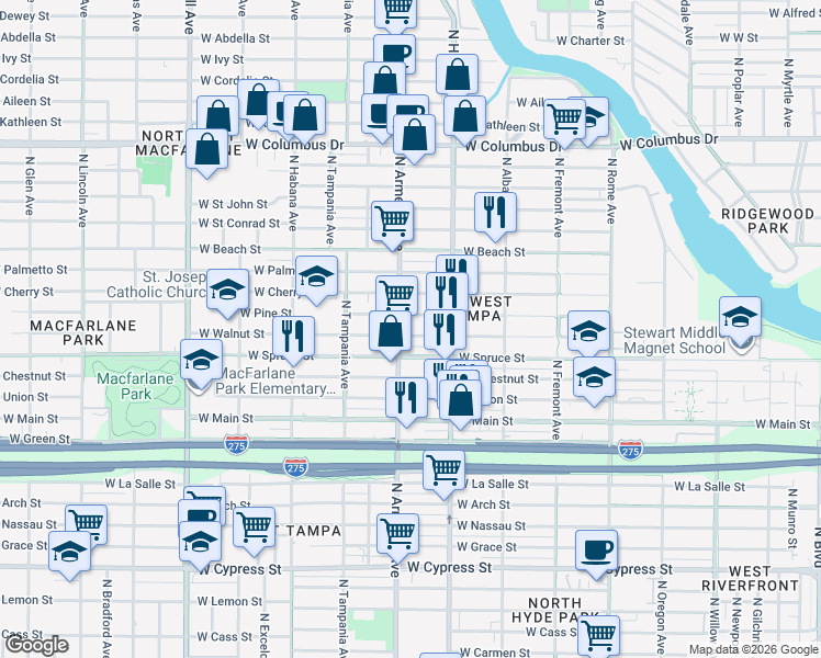 map of restaurants, bars, coffee shops, grocery stores, and more near 2012 North Armenia Avenue in Tampa