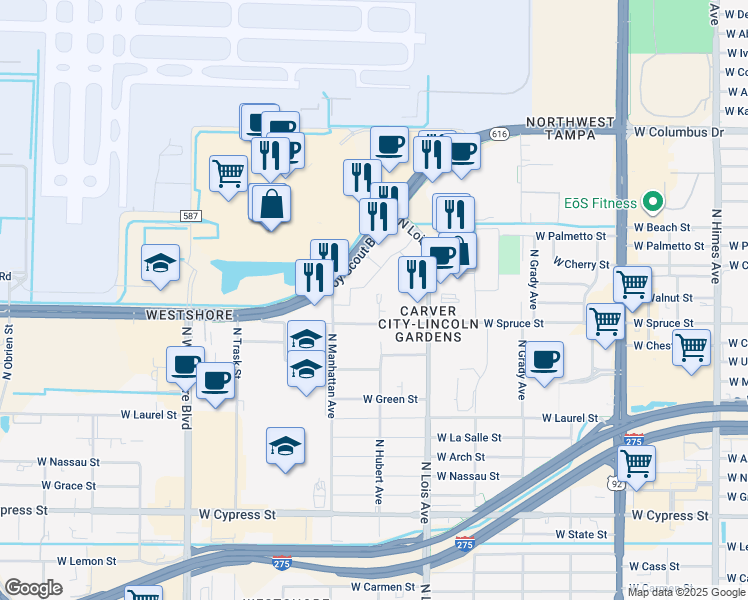 map of restaurants, bars, coffee shops, grocery stores, and more near 4221 West Spruce Street in Tampa