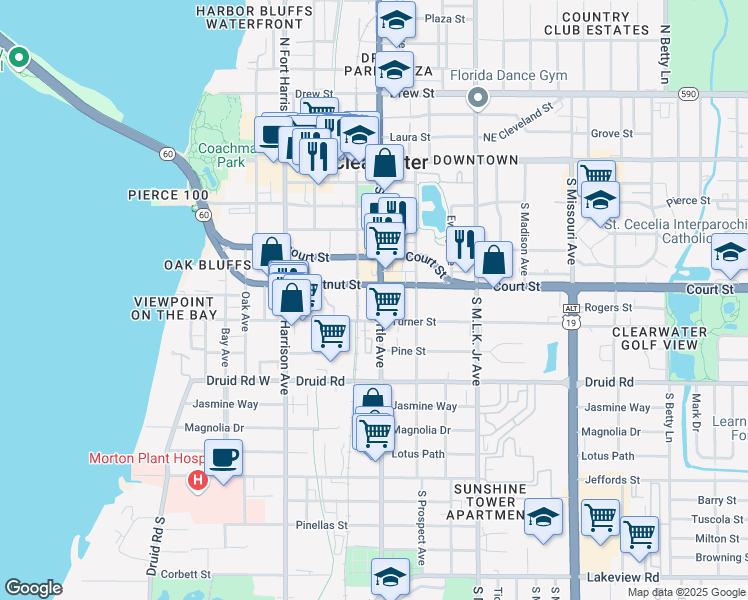 map of restaurants, bars, coffee shops, grocery stores, and more near 802 Turner Street in Clearwater