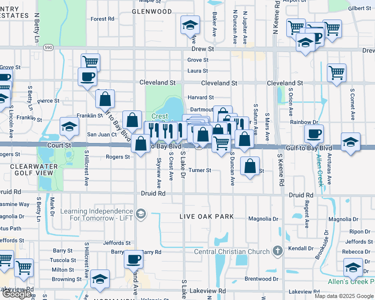 map of restaurants, bars, coffee shops, grocery stores, and more near 515 Yelvington Avenue in Clearwater