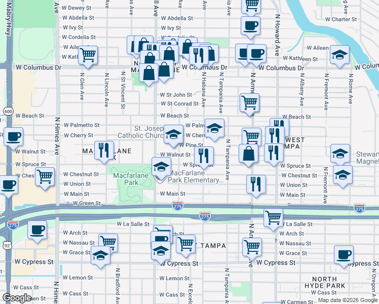 map of restaurants, bars, coffee shops, grocery stores, and more near 2930 West Walnut Street in Tampa