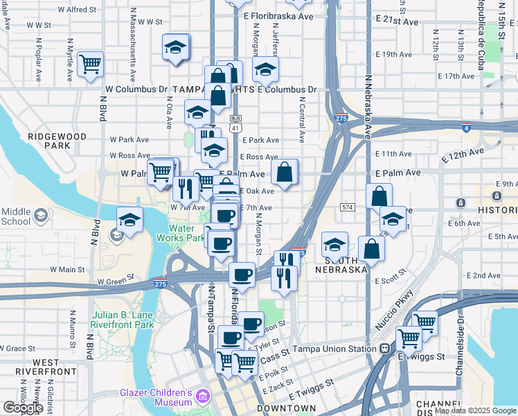 map of restaurants, bars, coffee shops, grocery stores, and more near 9 East 7th Avenue in Tampa