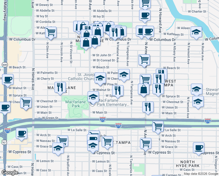 map of restaurants, bars, coffee shops, grocery stores, and more near 2930 West Walnut Street in Tampa