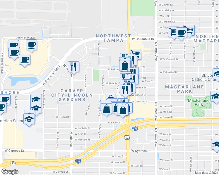 map of restaurants, bars, coffee shops, grocery stores, and more near 3920 West Walnut Street in Tampa
