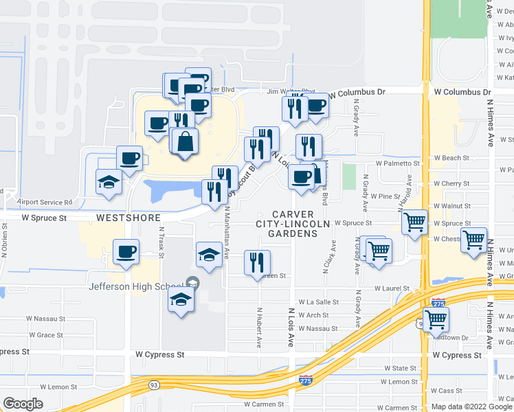 map of restaurants, bars, coffee shops, grocery stores, and more near 4352 West Boy Scout Boulevard in Tampa