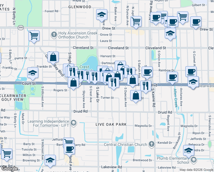 map of restaurants, bars, coffee shops, grocery stores, and more near 1623 Gulf to Bay Boulevard in Clearwater