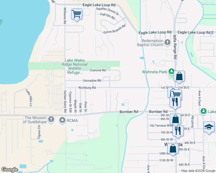 map of restaurants, bars, coffee shops, grocery stores, and more near 179 1st Street West in Winter Haven