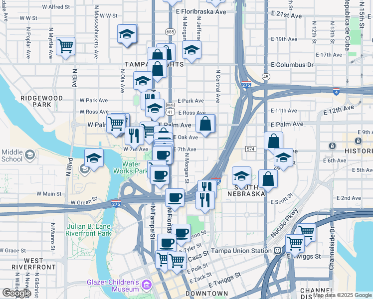 map of restaurants, bars, coffee shops, grocery stores, and more near 9 East 7th Avenue in Tampa