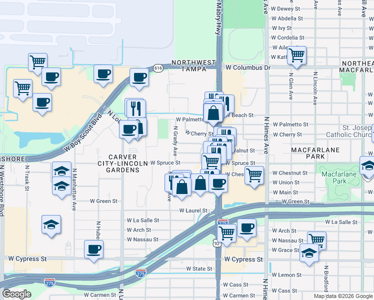 map of restaurants, bars, coffee shops, grocery stores, and more near 3920 West Walnut Street in Tampa