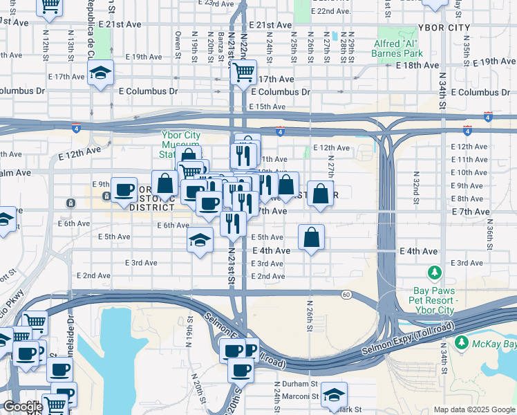 map of restaurants, bars, coffee shops, grocery stores, and more near 2211 East 7th Avenue in Tampa