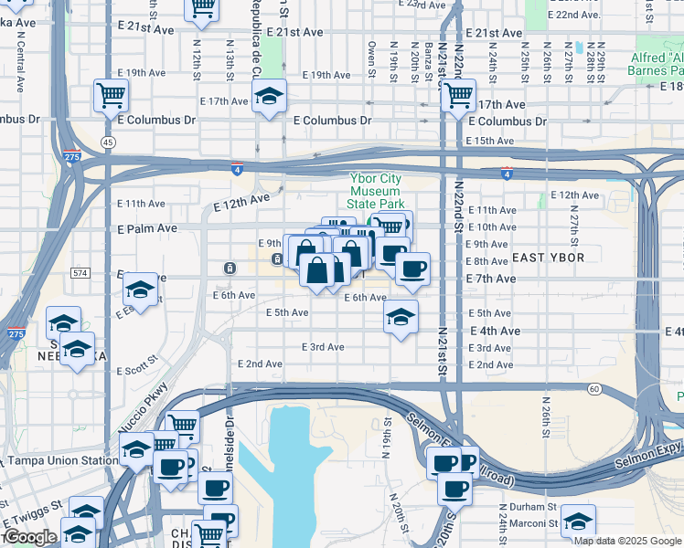 map of restaurants, bars, coffee shops, grocery stores, and more near in Tampa