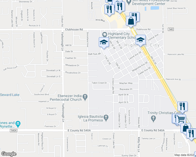 map of restaurants, bars, coffee shops, grocery stores, and more near 3939 Spoonbill Court in Lakeland