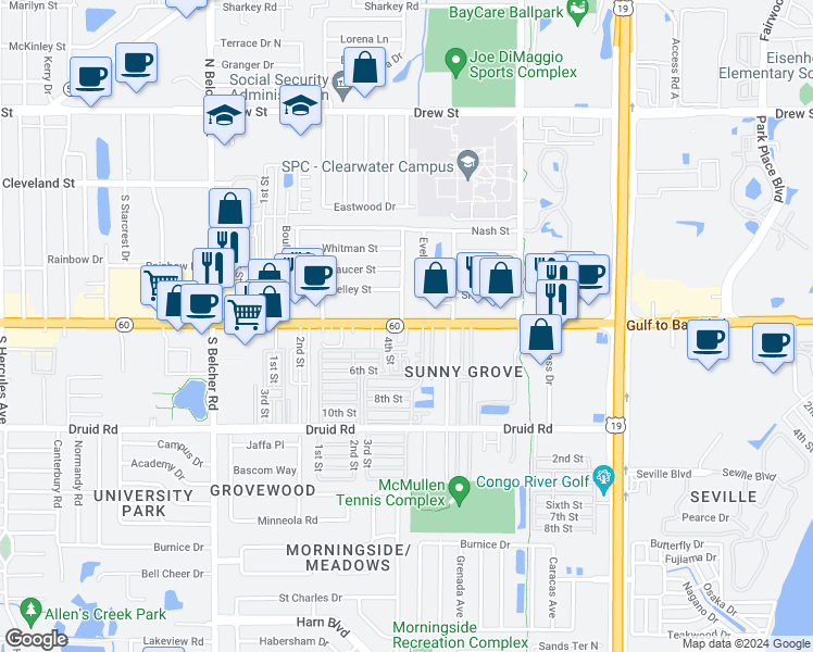 map of restaurants, bars, coffee shops, grocery stores, and more near 2395 Gulf to Bay Boulevard in Clearwater