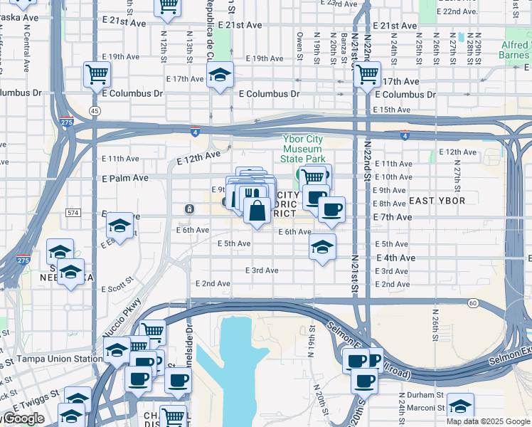 map of restaurants, bars, coffee shops, grocery stores, and more near 1603 East 7th Avenue in Tampa