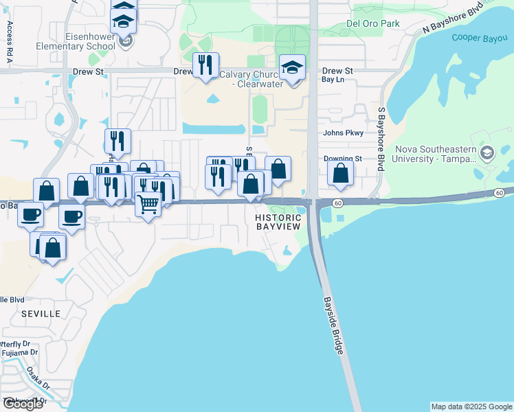 map of restaurants, bars, coffee shops, grocery stores, and more near 3009 Gulf to Bay Boulevard in Clearwater
