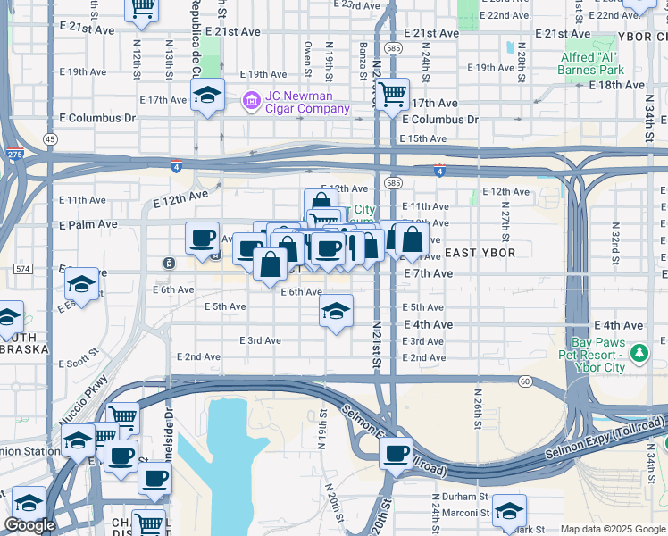 map of restaurants, bars, coffee shops, grocery stores, and more near 1910 East 7th Avenue in Tampa