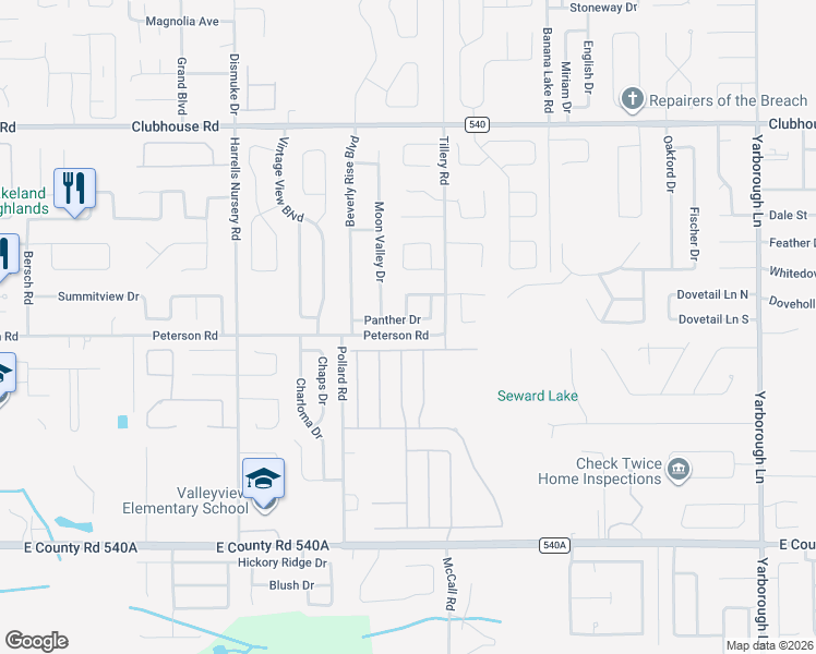 map of restaurants, bars, coffee shops, grocery stores, and more near 3079 Panther Drive in Lakeland