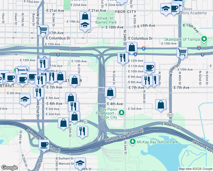 map of restaurants, bars, coffee shops, grocery stores, and more near 3101 East 7th Avenue in Tampa