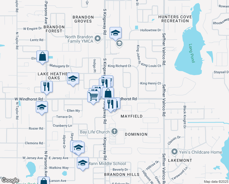 map of restaurants, bars, coffee shops, grocery stores, and more near 1303 Eagleview Drive in Brandon