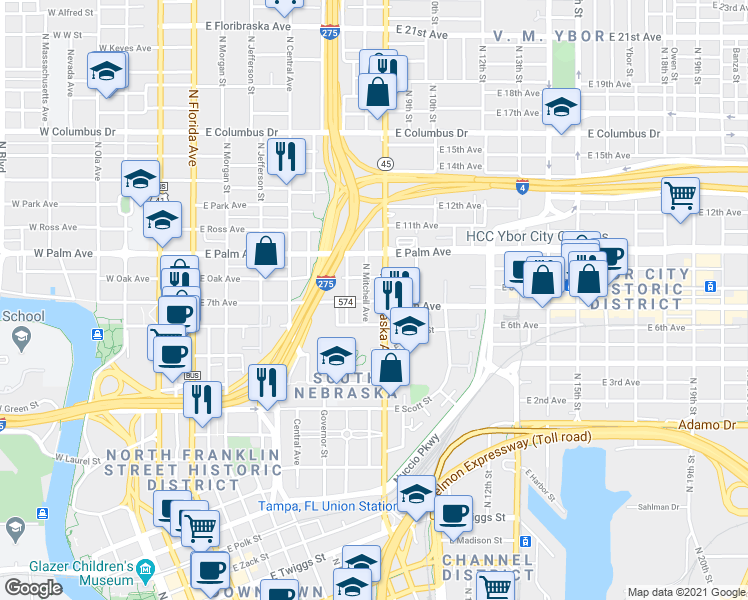 map of restaurants, bars, coffee shops, grocery stores, and more near 1707 North Mitchell Avenue in Tampa