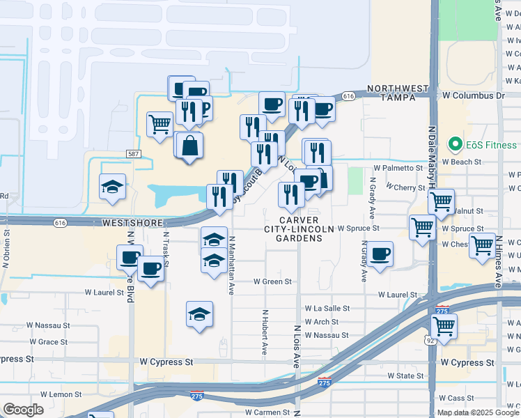 map of restaurants, bars, coffee shops, grocery stores, and more near 4352 West Boy Scout Boulevard in Tampa