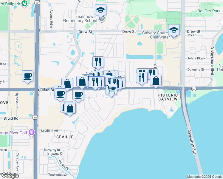 map of restaurants, bars, coffee shops, grocery stores, and more near 2849 Gulf to Bay Boulevard in Clearwater