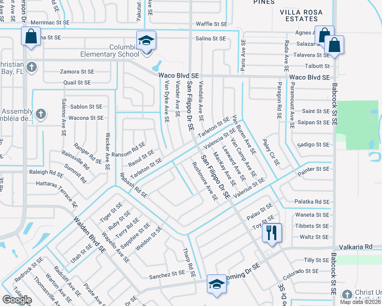 map of restaurants, bars, coffee shops, grocery stores, and more near 838 San Filippo Drive Southeast in Palm Bay