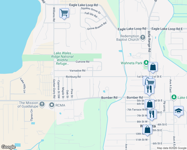 map of restaurants, bars, coffee shops, grocery stores, and more near 179 1st Wahneta Street West in Winter Haven