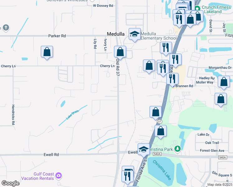 map of restaurants, bars, coffee shops, grocery stores, and more near 5747 Old Highway 37 in Lakeland