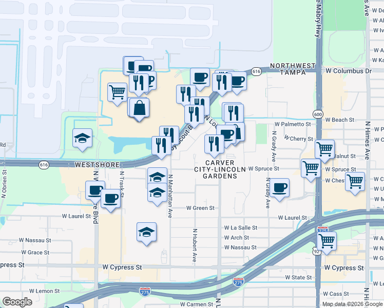 map of restaurants, bars, coffee shops, grocery stores, and more near 4221 West Spruce Street in Tampa