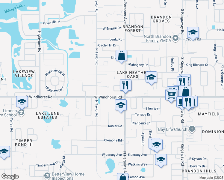 map of restaurants, bars, coffee shops, grocery stores, and more near 208 West Windhorst Road in Brandon