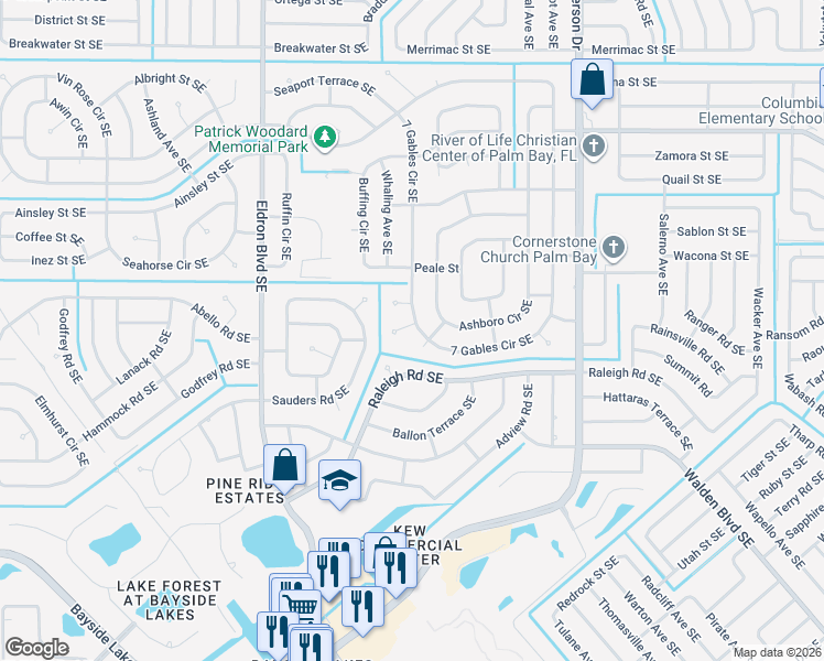 map of restaurants, bars, coffee shops, grocery stores, and more near 1530 Apton Lane Southeast in Palm Bay