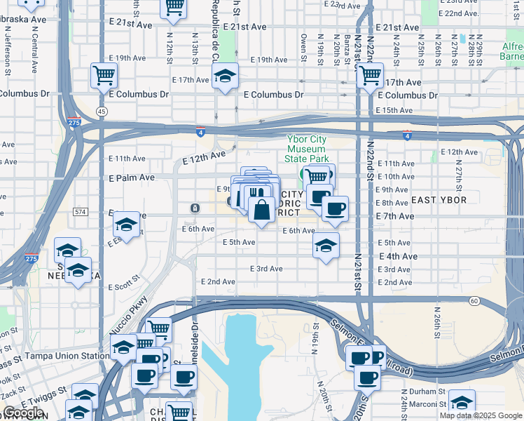 map of restaurants, bars, coffee shops, grocery stores, and more near 1603 East 7th Avenue in Tampa