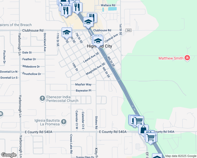 map of restaurants, bars, coffee shops, grocery stores, and more near 5803 Charlton Drive in Lakeland