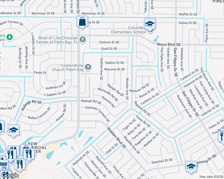 map of restaurants, bars, coffee shops, grocery stores, and more near 1508 Ranger Road Southeast in Palm Bay