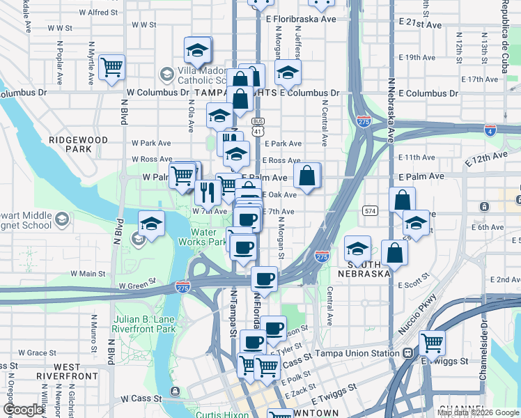 map of restaurants, bars, coffee shops, grocery stores, and more near in Tampa