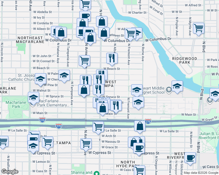 map of restaurants, bars, coffee shops, grocery stores, and more near 2128 West Walnut Street in Tampa