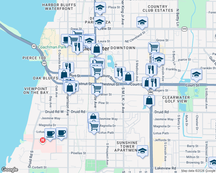 map of restaurants, bars, coffee shops, grocery stores, and more near 509 South Prospect Avenue in Clearwater