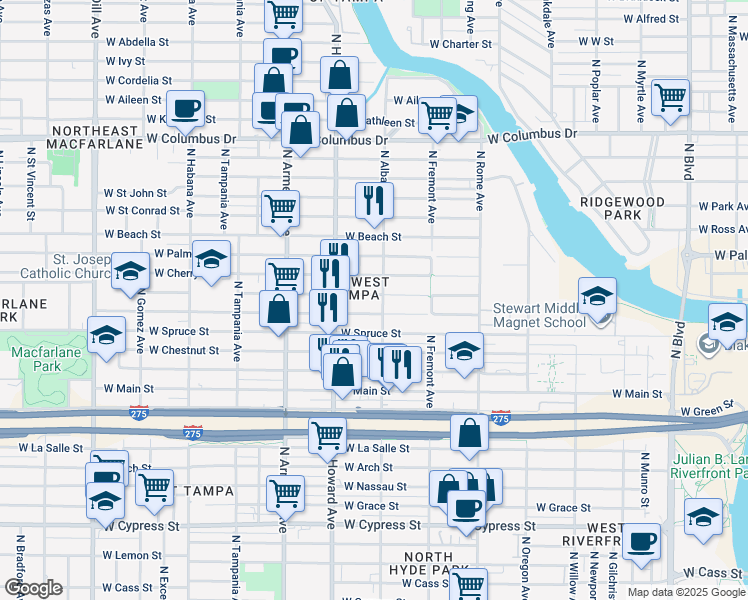 map of restaurants, bars, coffee shops, grocery stores, and more near 2108 West Pine Street in Tampa