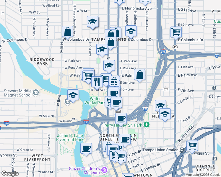 map of restaurants, bars, coffee shops, grocery stores, and more near 1809 North Tampa Street in Tampa