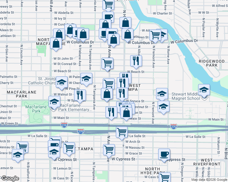 map of restaurants, bars, coffee shops, grocery stores, and more near 2012 North Armenia Avenue in Tampa