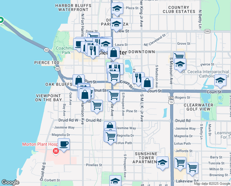 map of restaurants, bars, coffee shops, grocery stores, and more near 802 Turner Street in Clearwater