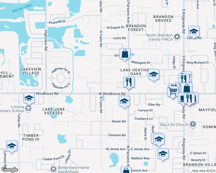 map of restaurants, bars, coffee shops, grocery stores, and more near 208 West Windhorst Road in Brandon